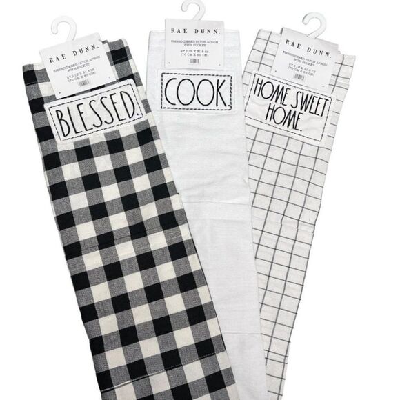 Rae Dunn Blessed /Cook /Home Sweet Home Apron Embroidered Patch Pocket Checked - Picture 15 of 16